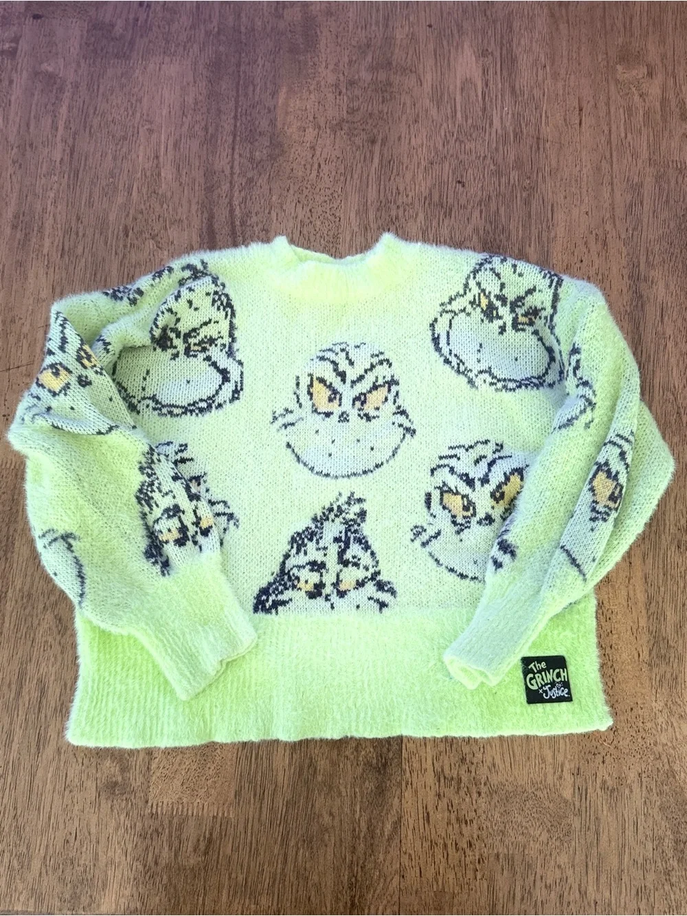 Justice Fuzzy Grinch Crewneck Sweater in Lime girls size Small 7/8
